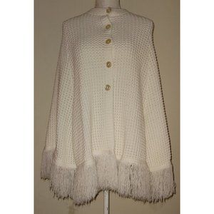 Vintage Knit Crotchet Shawl Poncho Womens S/M Acrylic Sweater White Fringe Cape